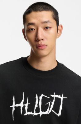 Sudadera de felpa de algod&oacute;n con ilustraci&oacute;n de logo, Negro