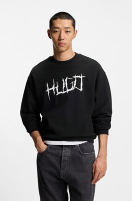 Sudadera de felpa de algod&oacute;n con ilustraci&oacute;n de logo, Negro