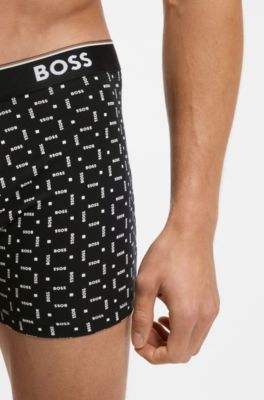 Paquete de tres calzoncillos b&oacute;xer de algod&oacute;n el&aacute;stico con logos en la cintura, Negro