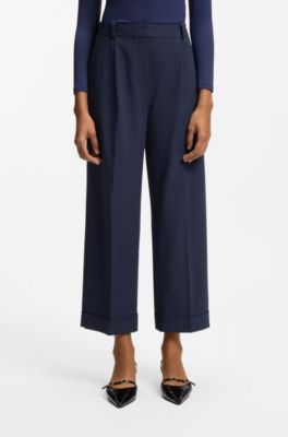 Pantalones de largo tobillero con pinzas en la parte delantera, Azul oscuro
