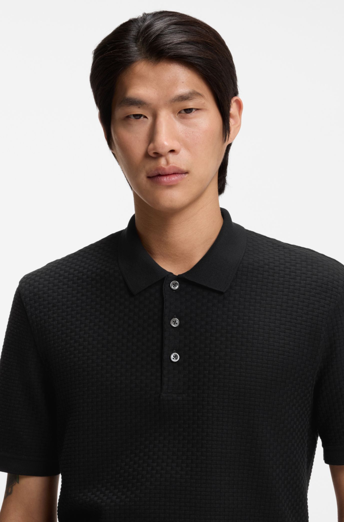 BOSS - Basket-weave polo shirt in cotton - Black