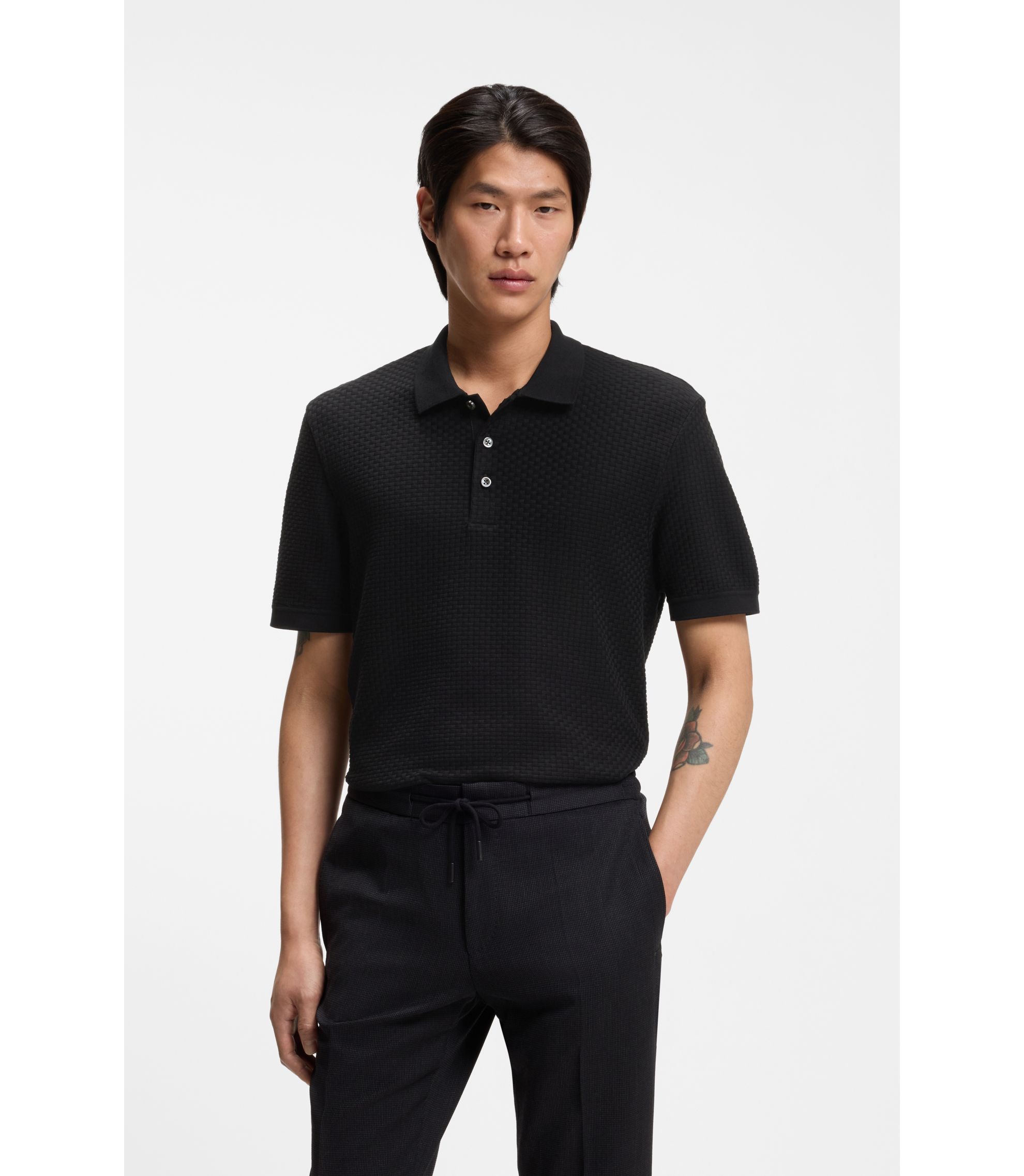 BOSS - Basket-weave polo shirt in cotton - Black