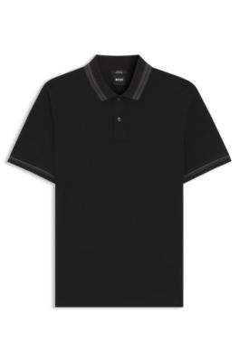 Contrast-tipping slim-fit polo shirt in mercerised cotton, Black