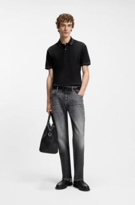 Contrast-tipping slim-fit polo shirt in mercerised cotton, Black