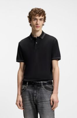 Contrast-tipping slim-fit polo shirt in mercerised cotton, Black