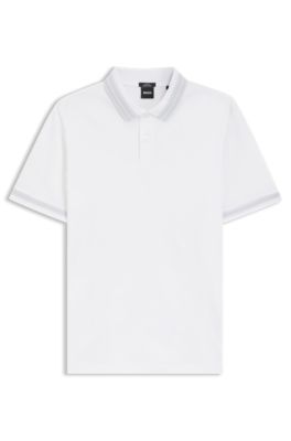 Contrast-tipping slim-fit polo shirt in mercerised cotton, White