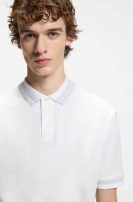 Contrast-tipping slim-fit polo shirt in mercerised cotton, White
