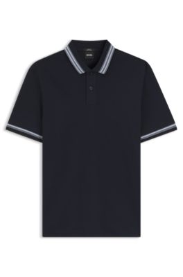 Contrast-tipping slim-fit polo shirt in mercerised cotton, Dark Blue
