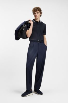 Contrast-tipping slim-fit polo shirt in mercerised cotton, Dark Blue