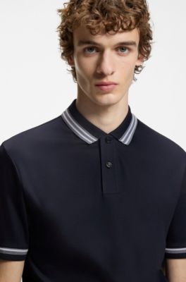 Contrast-tipping slim-fit polo shirt in mercerised cotton, Dark Blue