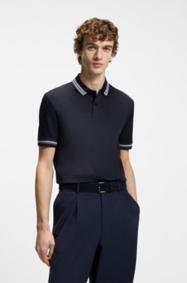Contrast-tipping slim-fit polo shirt in mercerised cotton, Dark Blue