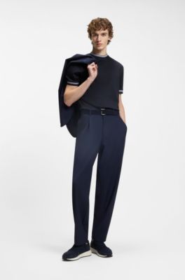 T-shirt Slim en coton merceris&eacute; &agrave; liser&eacute;s contrastants, Bleu fonc&eacute;