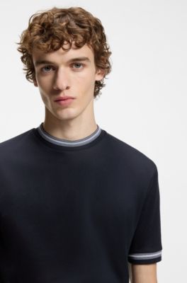 Contrast-tipping slim-fit T-shirt in mercerised cotton, Dark Blue