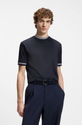 Contrast-tipping slim-fit T-shirt in mercerised cotton, Dark Blue