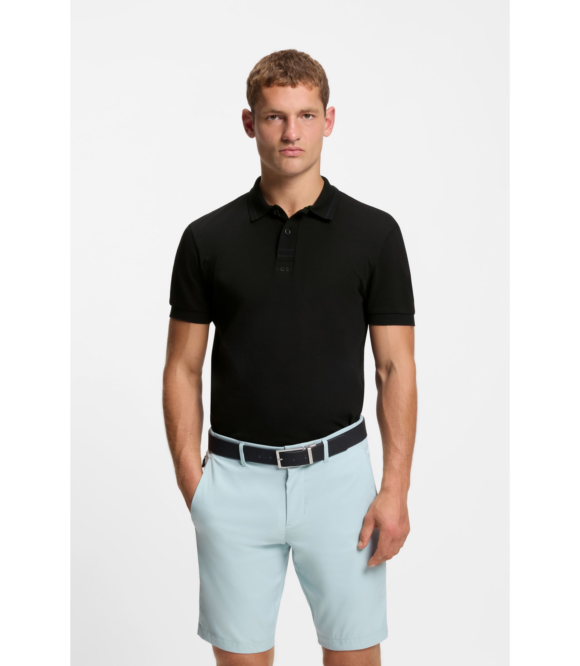 BOSS - Centred-logo slim-fit polo shirt in cotton piqué - Black