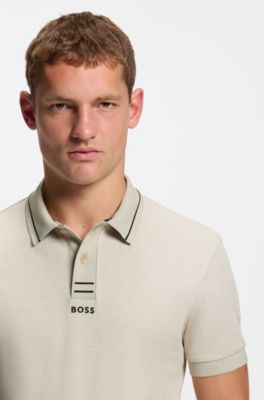 Centred-logo slim-fit polo shirt in cotton piqu&eacute;, Light Beige