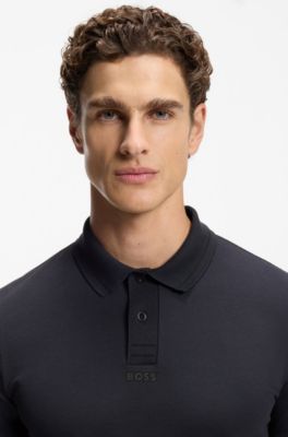 Centred-logo slim-fit polo shirt in cotton piqu&eacute;, Dark Blue