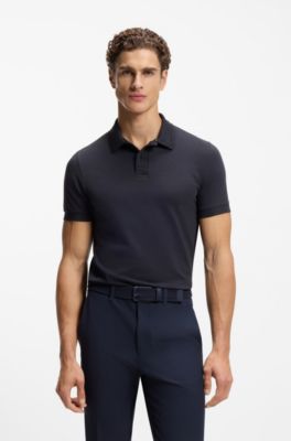 Centred-logo slim-fit polo shirt in cotton piqu&eacute;, Dark Blue