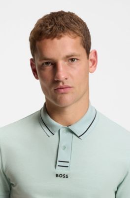 Centred-logo slim-fit polo shirt in cotton piqu&eacute;, Turquoise