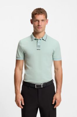 Centred-logo slim-fit polo shirt in cotton piqu&eacute;, Turquoise