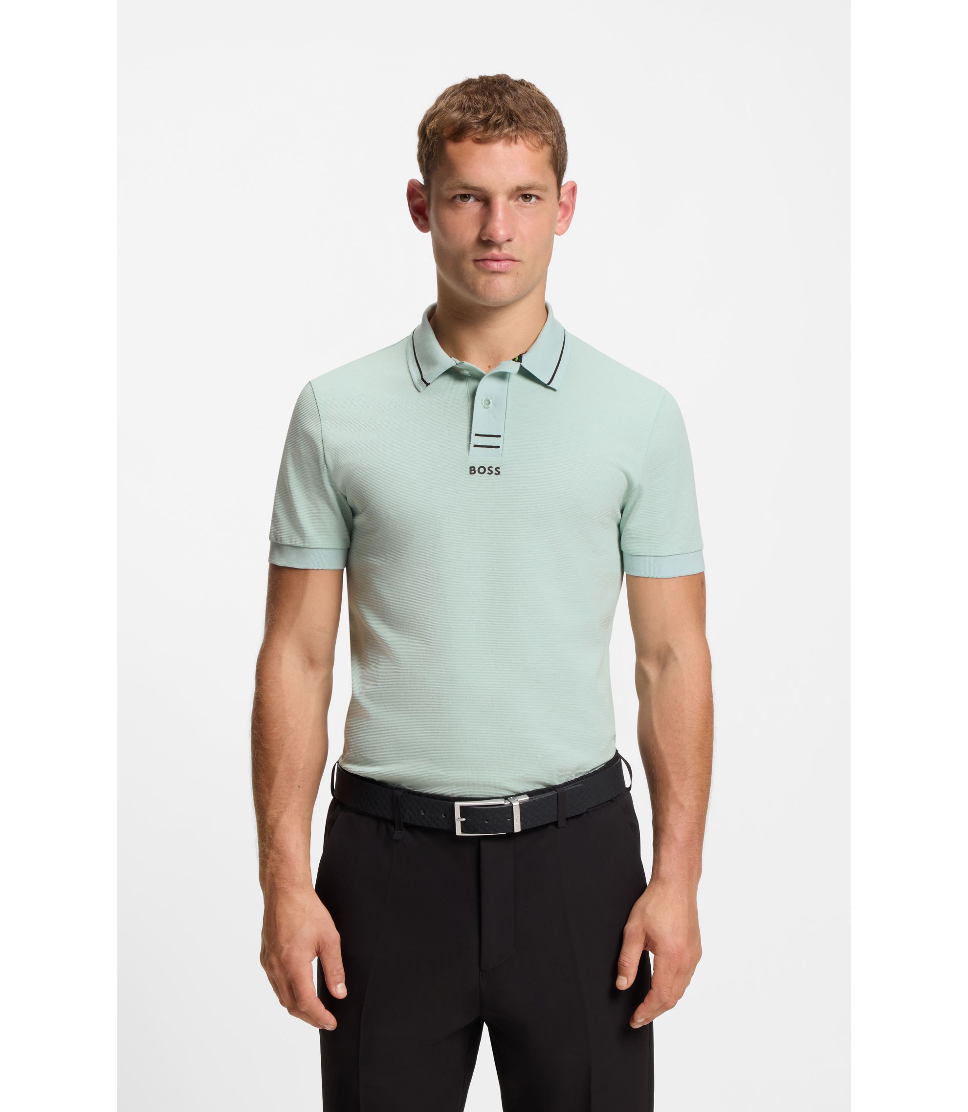hugo boss dress shirt Men's Slim-Fit Light Blue Solid resistant finish with moisture management. BOSS - Striped Cotton Dress