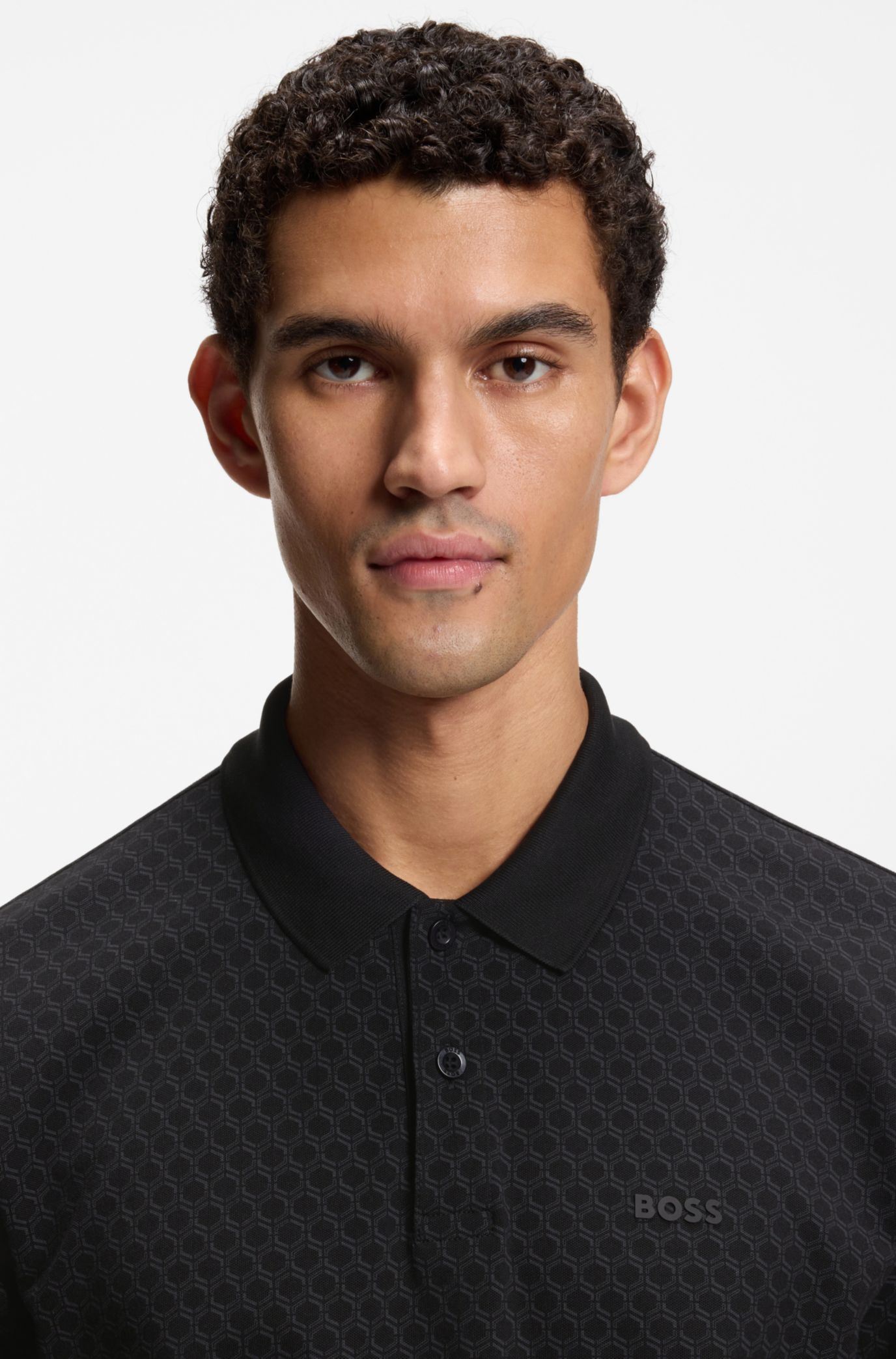 BOSS - Printed polo shirt in cotton piqué - Black