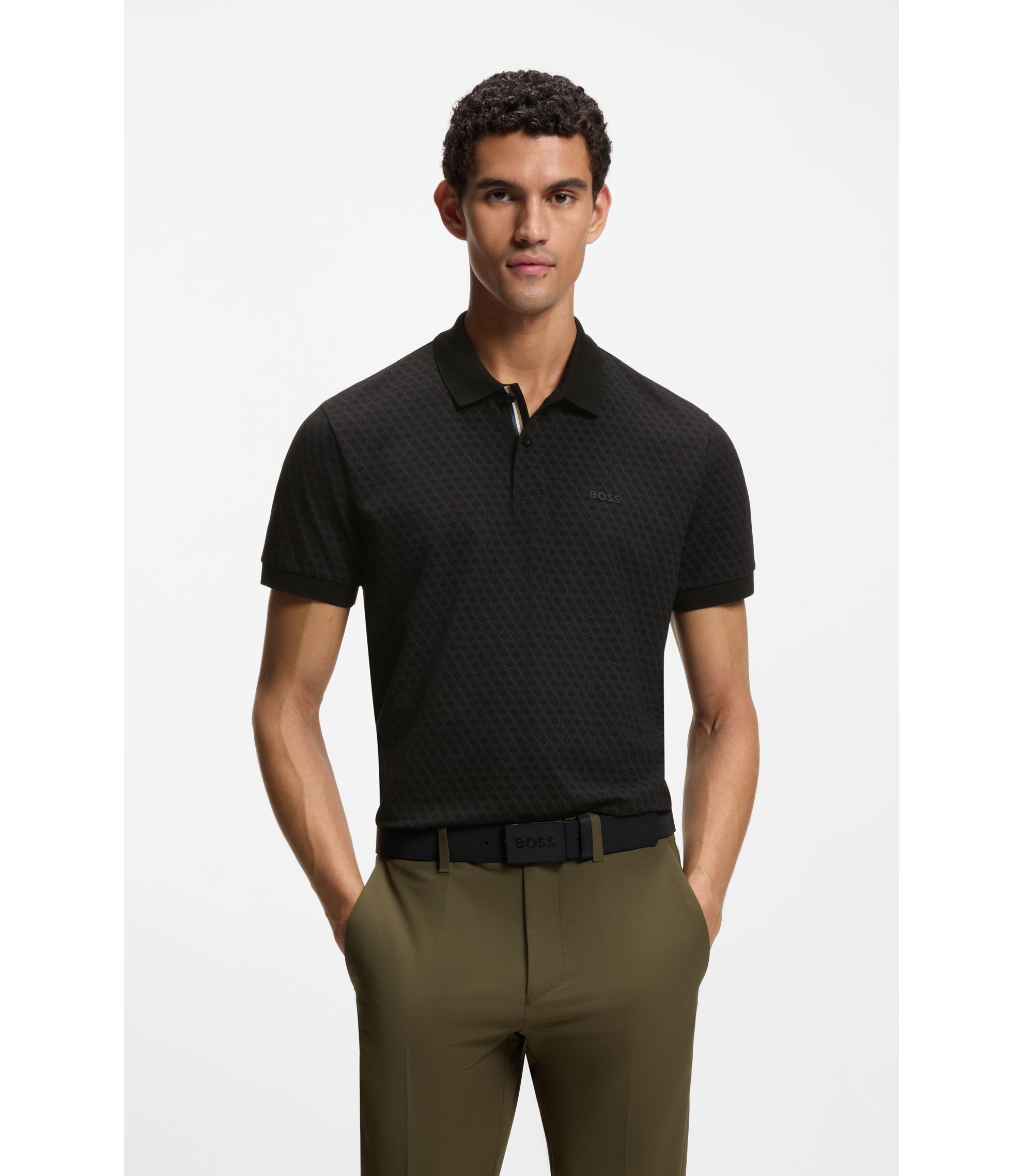 BOSS - Printed polo shirt in cotton piqué - Black