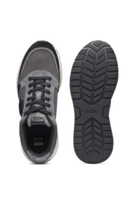 Suede-trim trainers with Double B monogram, Dark Grey