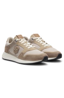 Suede-trim trainers with Double B monogram, Light Beige