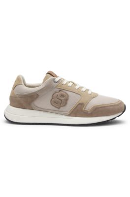 Suede-trim trainers with Double B monogram, Light Beige