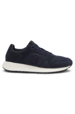 Suede-trim trainers with Double B monogram, Dark Blue