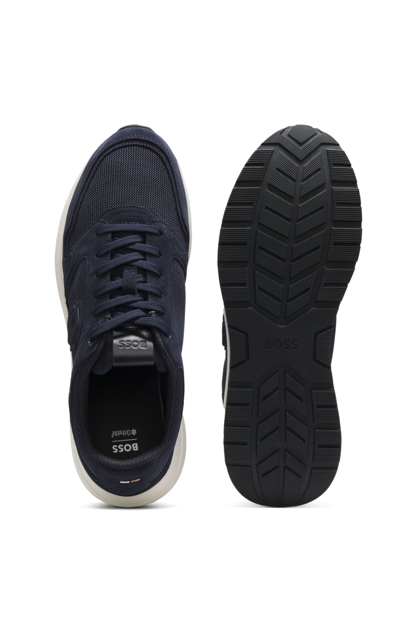 BOSS - Suede-trim trainers with Double B monogram - Dark Blue