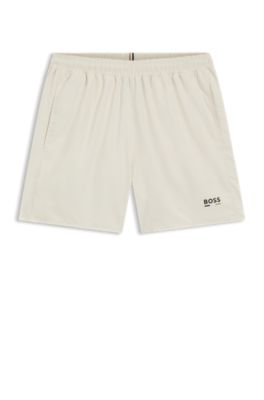 Swim shorts with logo print and signature-stripe details, White