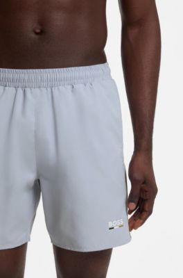 Swim shorts with logo print and signature-stripe details, Light Blue