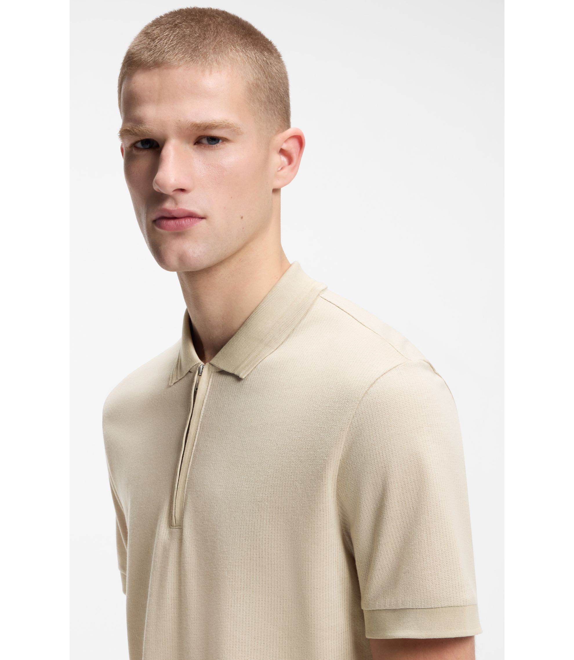BOSS - Zip-placket polo shirt in a cotton blend - Light Beige