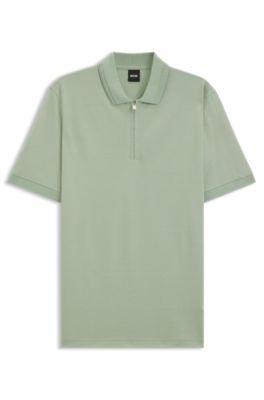 Zip-placket polo shirt in a cotton blend, Light Green