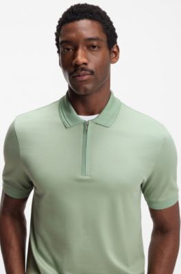 Zip-placket polo shirt in a cotton blend, Light Green