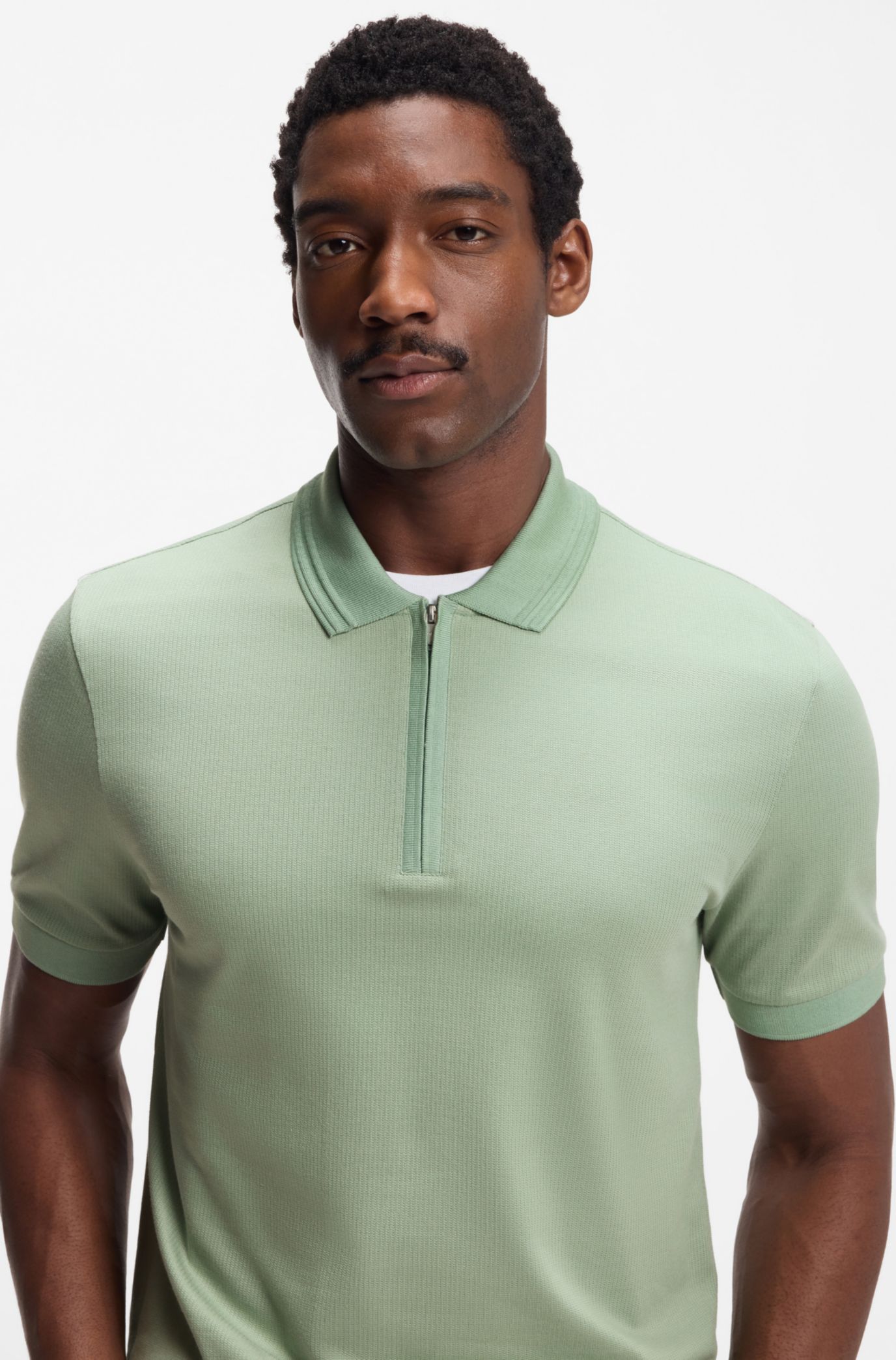BOSS - Zip-placket polo shirt in a cotton blend - Light Green