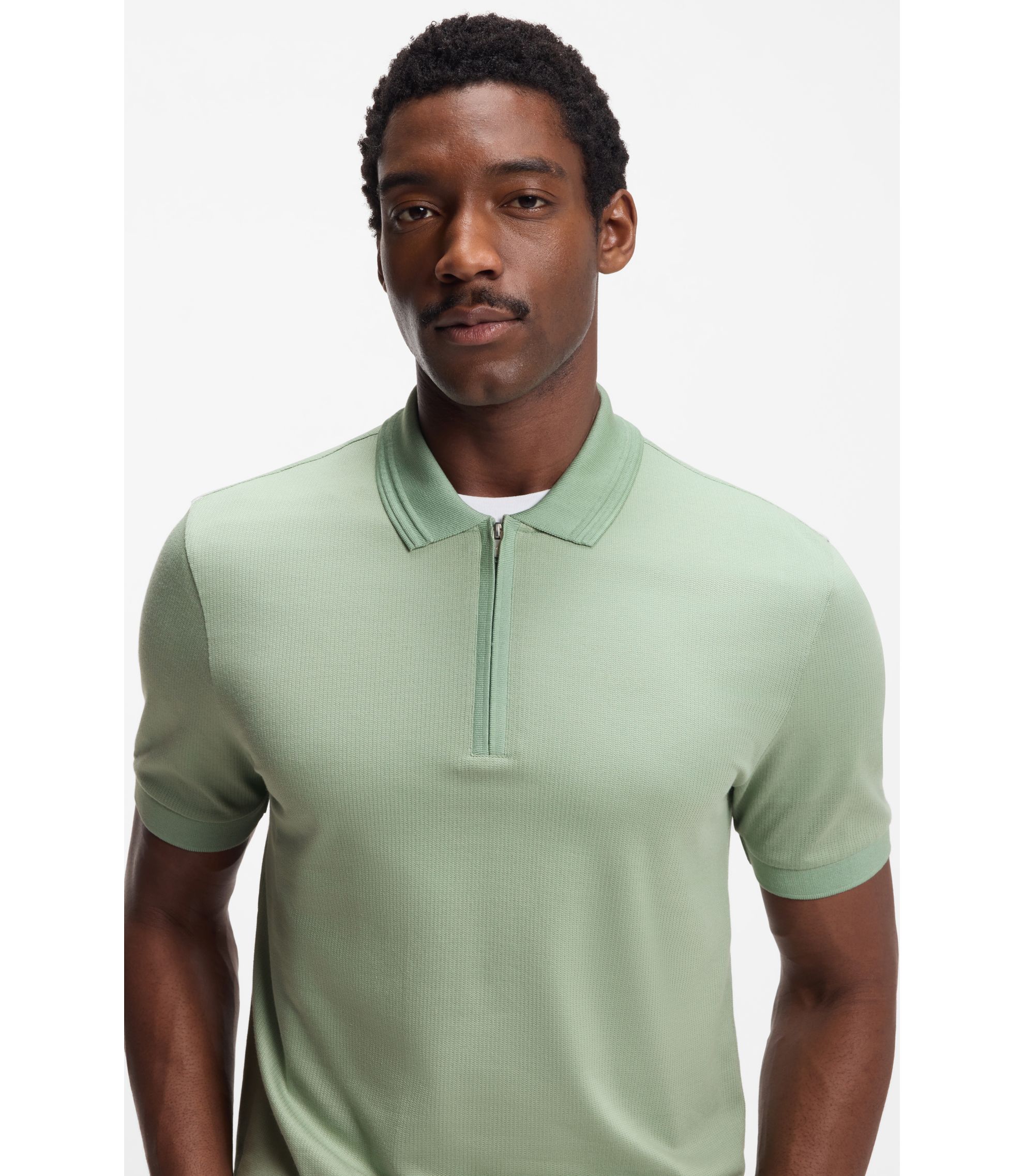 BOSS - Zip-placket polo shirt in a cotton blend - Light Green