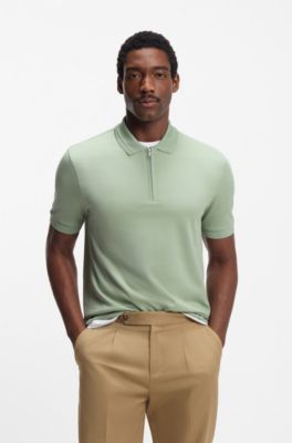 Zip-placket polo shirt in a cotton blend, Light Green