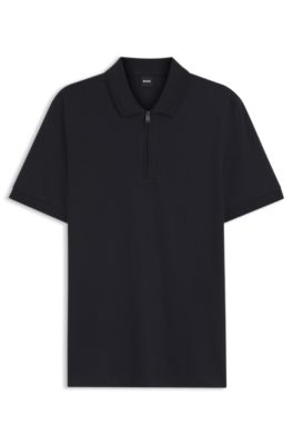 Polo en coton m&eacute;lang&eacute; avec patte zipp&eacute;e, Bleu fonc&eacute;