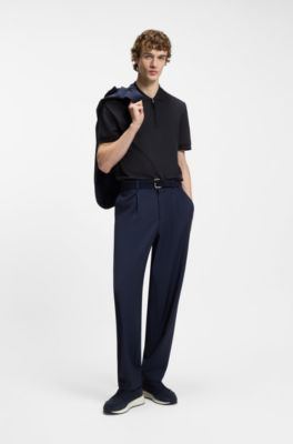 Zip-placket polo shirt in a cotton blend, Dark Blue