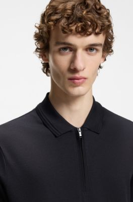 Zip-placket polo shirt in a cotton blend, Dark Blue