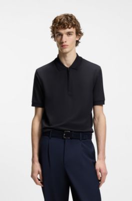 Zip-placket polo shirt in a cotton blend, Dark Blue