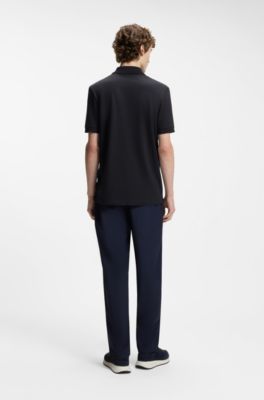 Polo en coton m&eacute;lang&eacute; avec patte zipp&eacute;e, Bleu fonc&eacute;