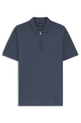 Zip-placket polo shirt in a cotton blend, Light Blue