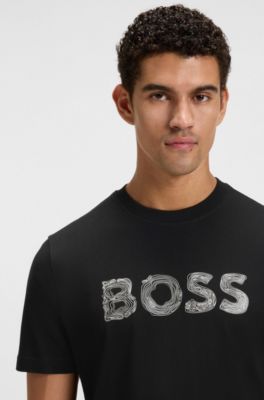 Camiseta regular fit de algod&oacute;n con logo de dise&ntilde;o, Negro