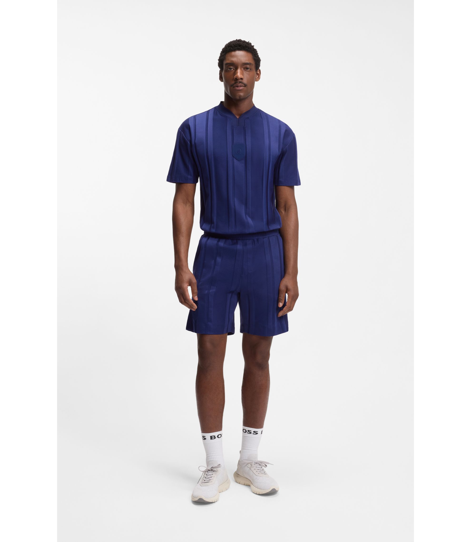 BOSS - Textured-stripe T-shirt in cotton - Blue