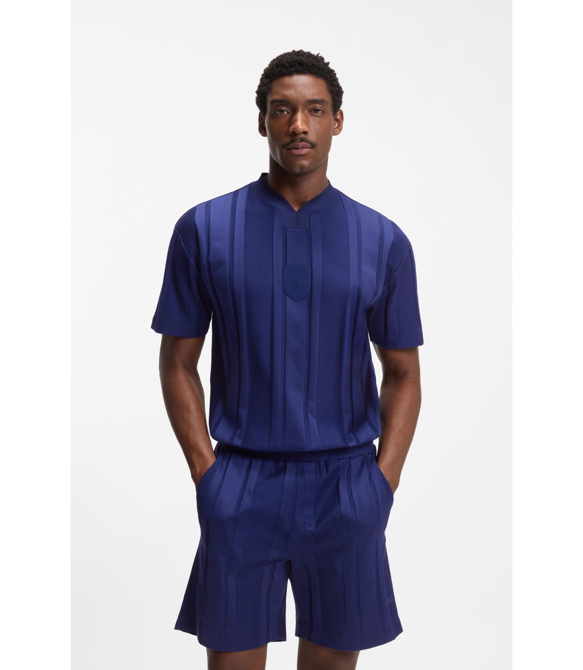 BOSS - Textured-stripe T-shirt in cotton - Blue