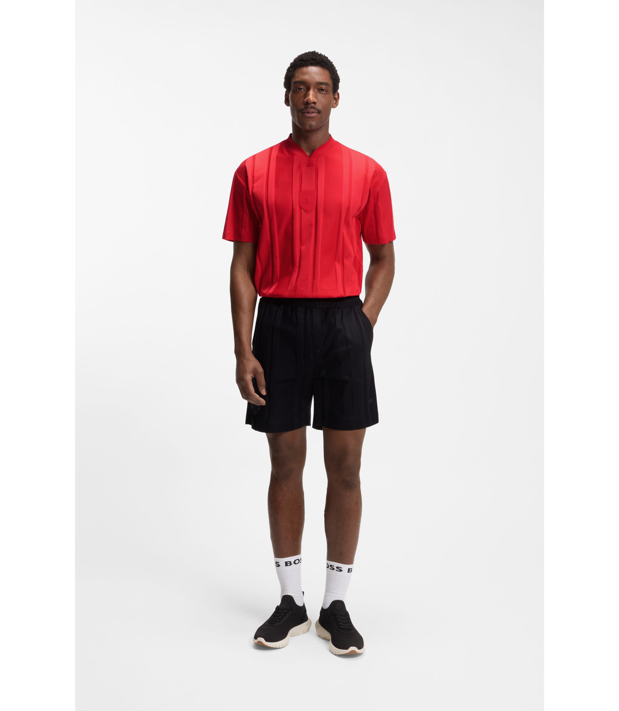 BOSS - Textured-stripe T-shirt in cotton - Red